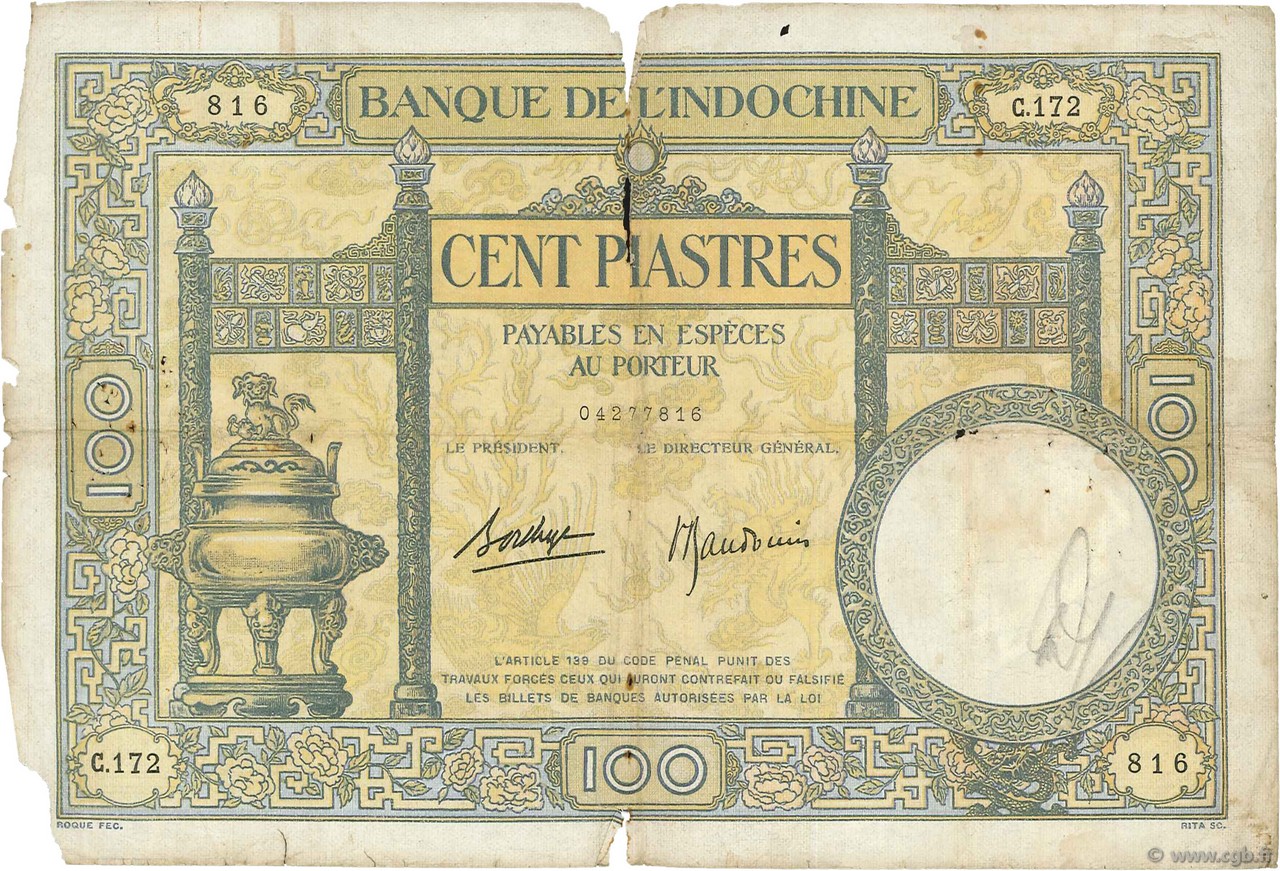 100 Piastres INDOCHINE FRANÇAISE  1936 P.051d AB