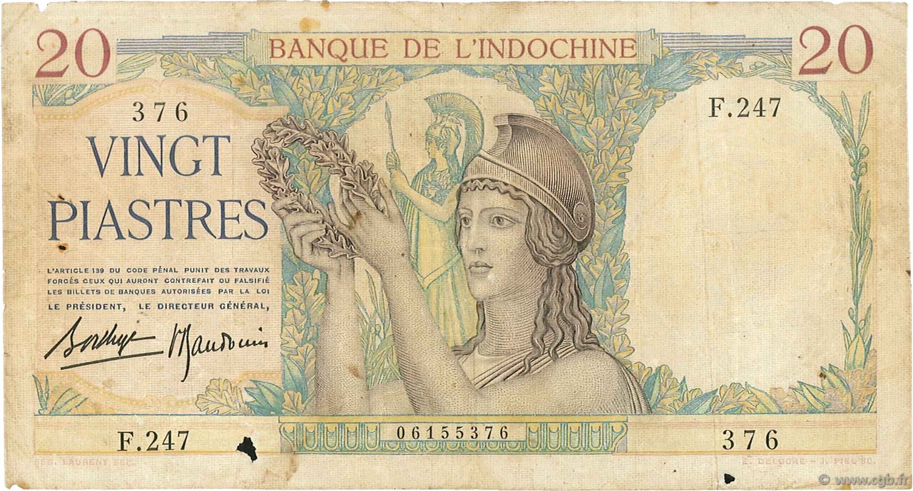 20 Piastres INDOCHINE FRANÇAISE  1936 P.056b TB