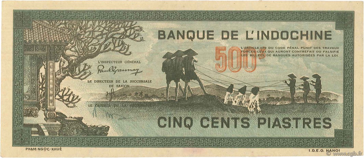 500 Piastres gris-vert INDOCHINE FRANÇAISE  1945 P.069 SPL
