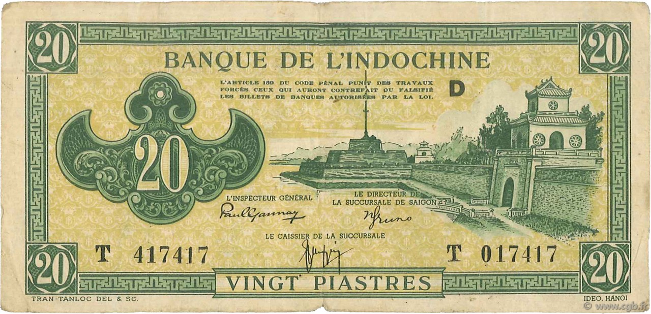 20 Piastres vert INDOCHINE FRANÇAISE  1942 P.070 TB