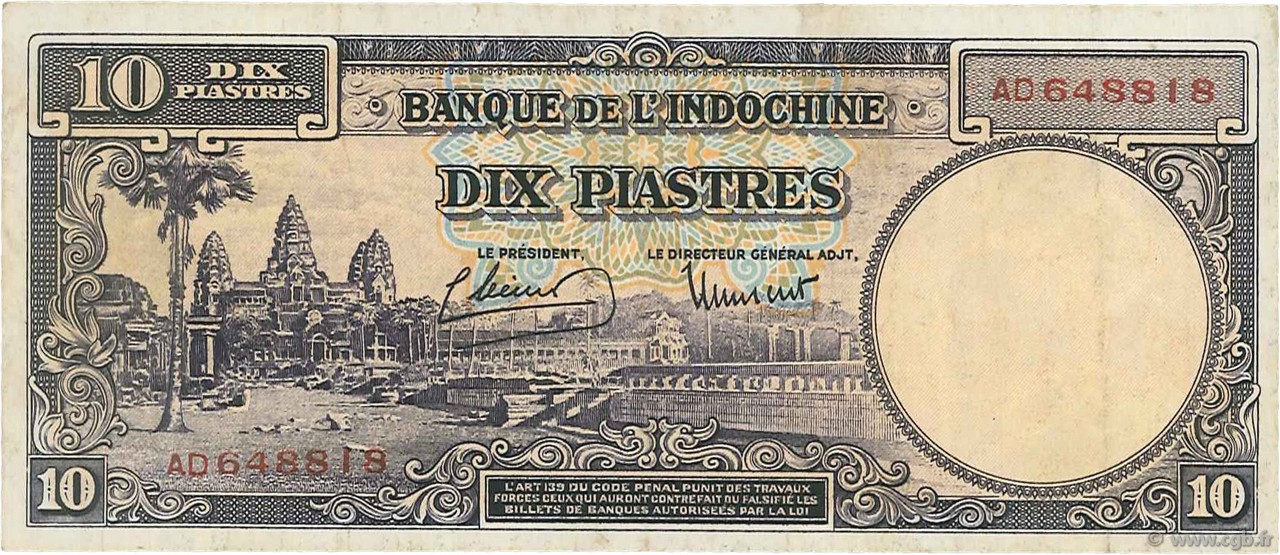 10 Piastres INDOCHINE FRANÇAISE  1947 P.080 TTB