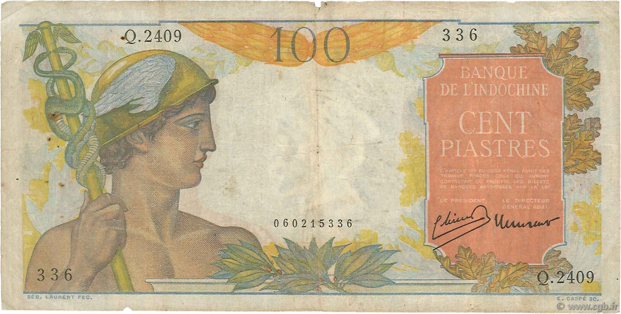 100 Piastres FRANZÖSISCHE-INDOCHINA  1947 P.082b SGE