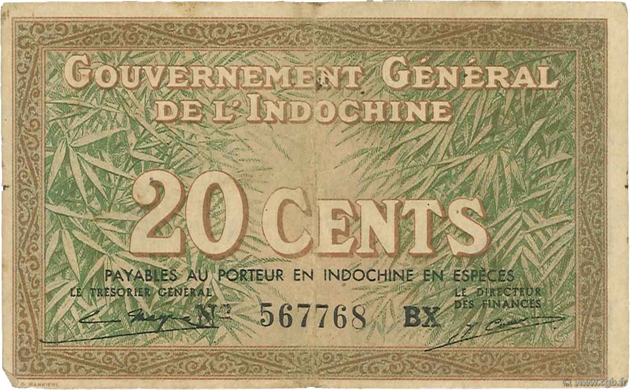 20 Cents INDOCHINE FRANÇAISE  1939 P.086d TB