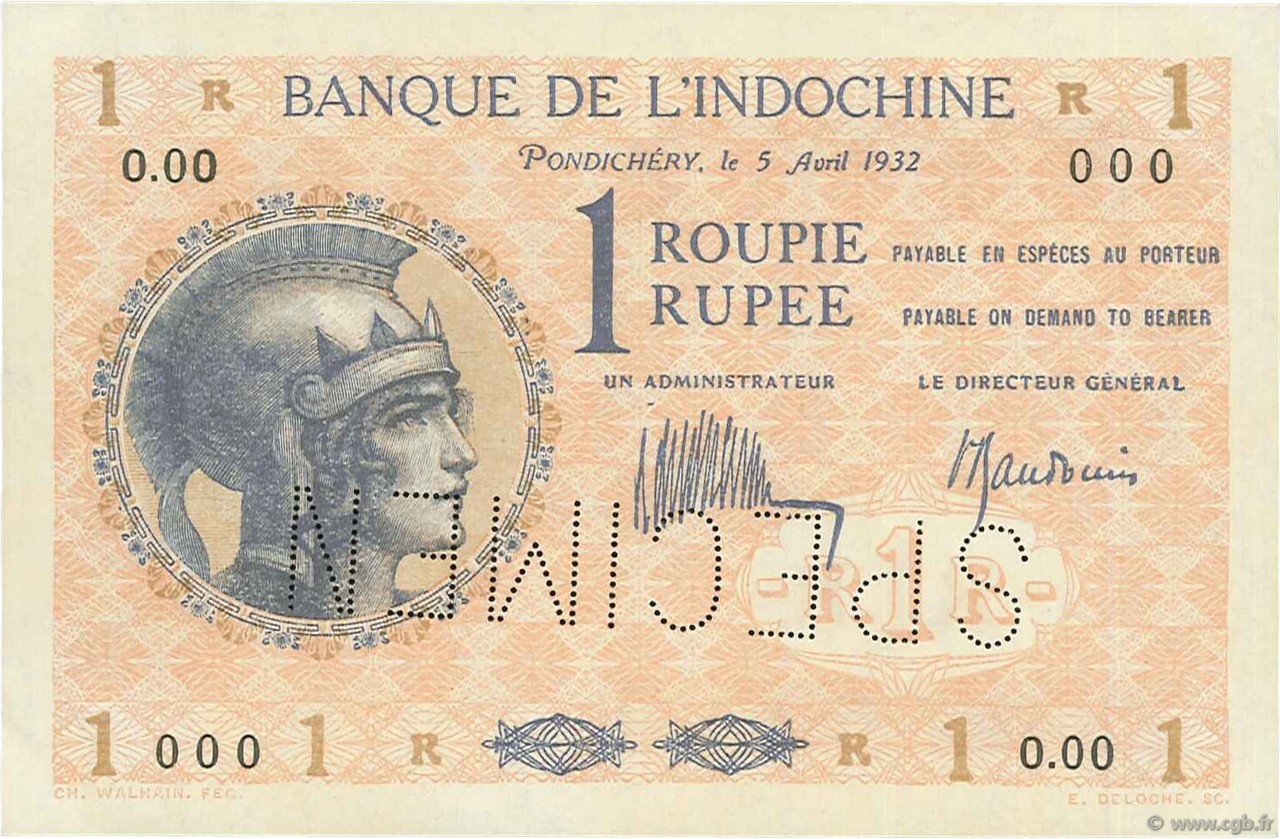 1 Roupie - 1 Rupee Spécimen INDE FRANÇAISE  1932 P.04cs SUP+