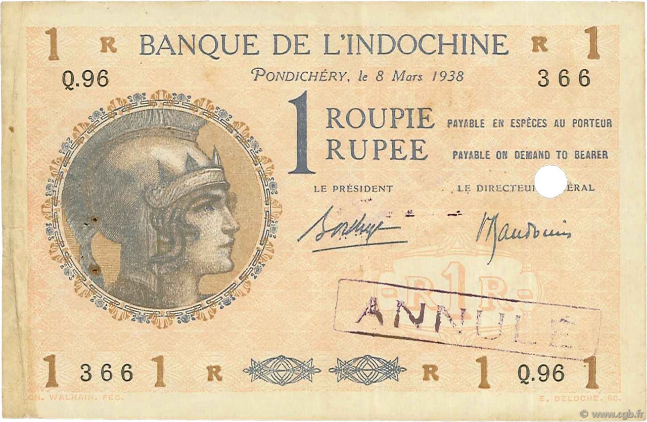 1 Roupie - 1 Rupee Annulé INDE FRANÇAISE  1938 P.04d TTB