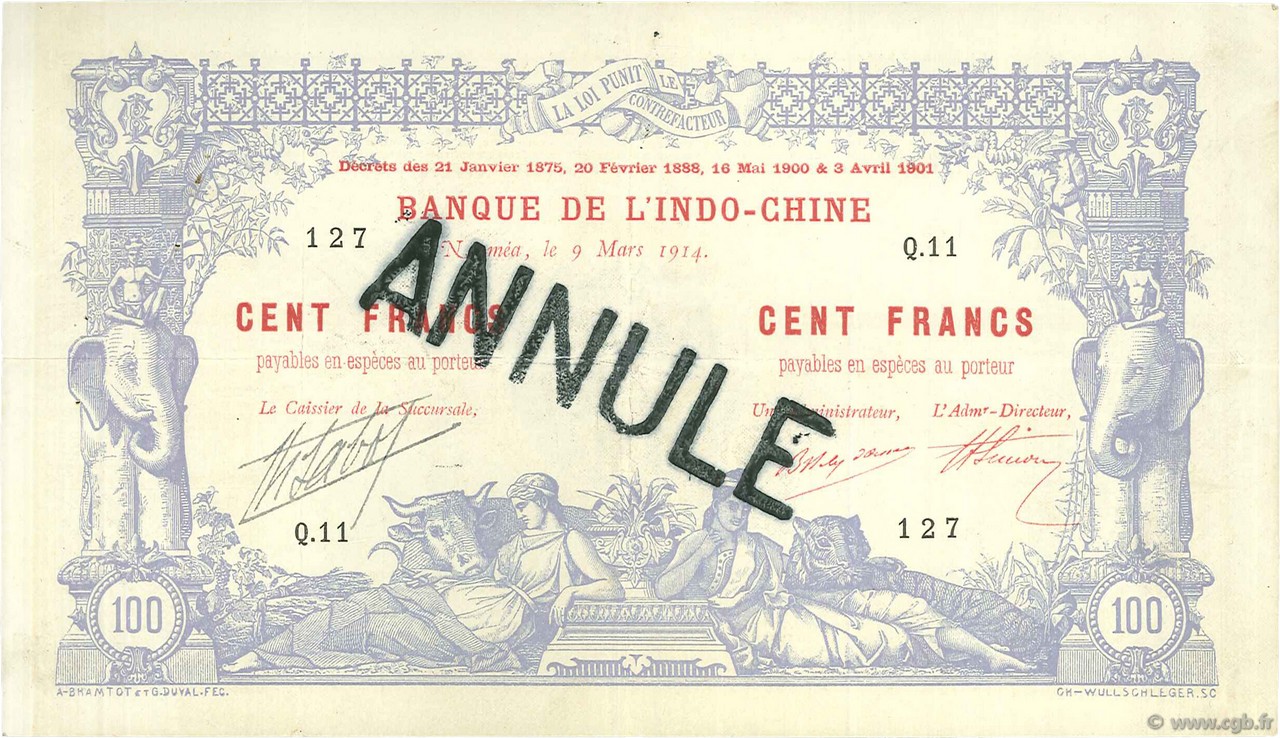 100 Francs Annulé NOUVELLE CALÉDONIE  1914 P.17 TTB