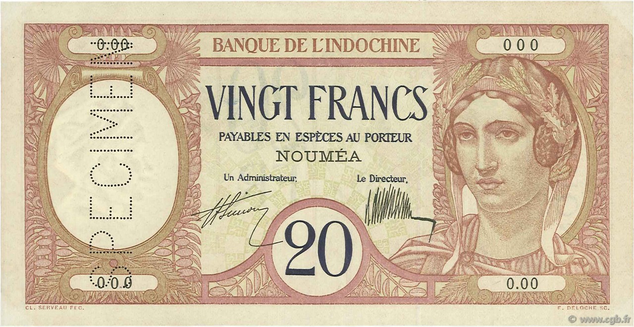 20 Francs Spécimen NOUVELLE CALÉDONIE  1926 P.37as SUP+