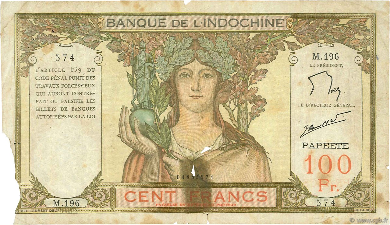 100 Francs TAHITI  1961 P.14d AB