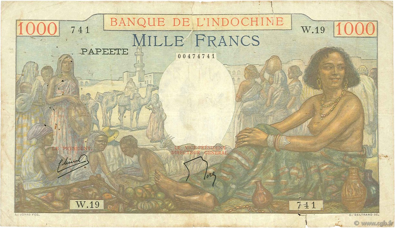 1000 Francs TAHITI  1956 P.15b TB