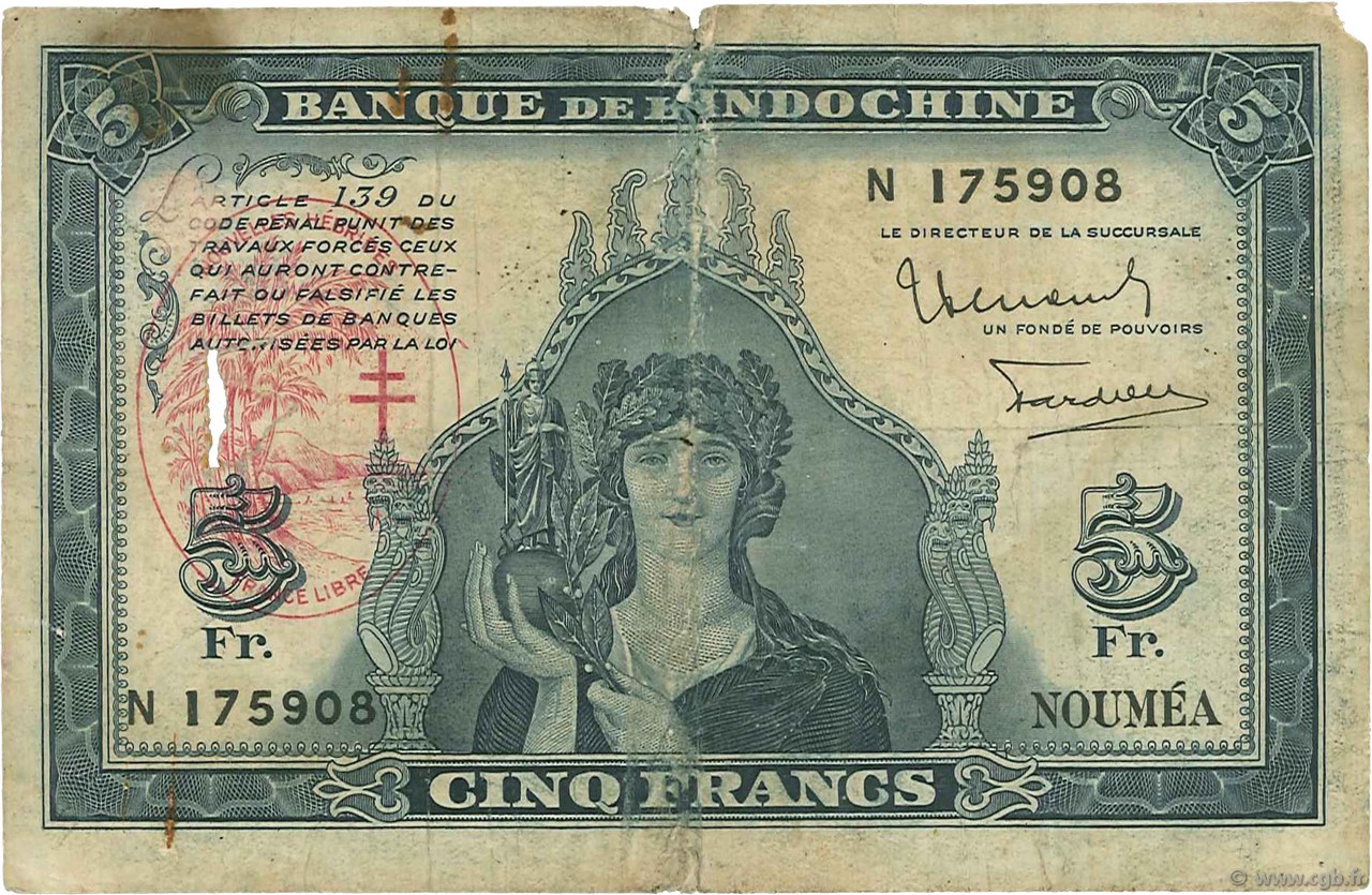 5 Francs NEW HEBRIDES  1945 P.05 VG
