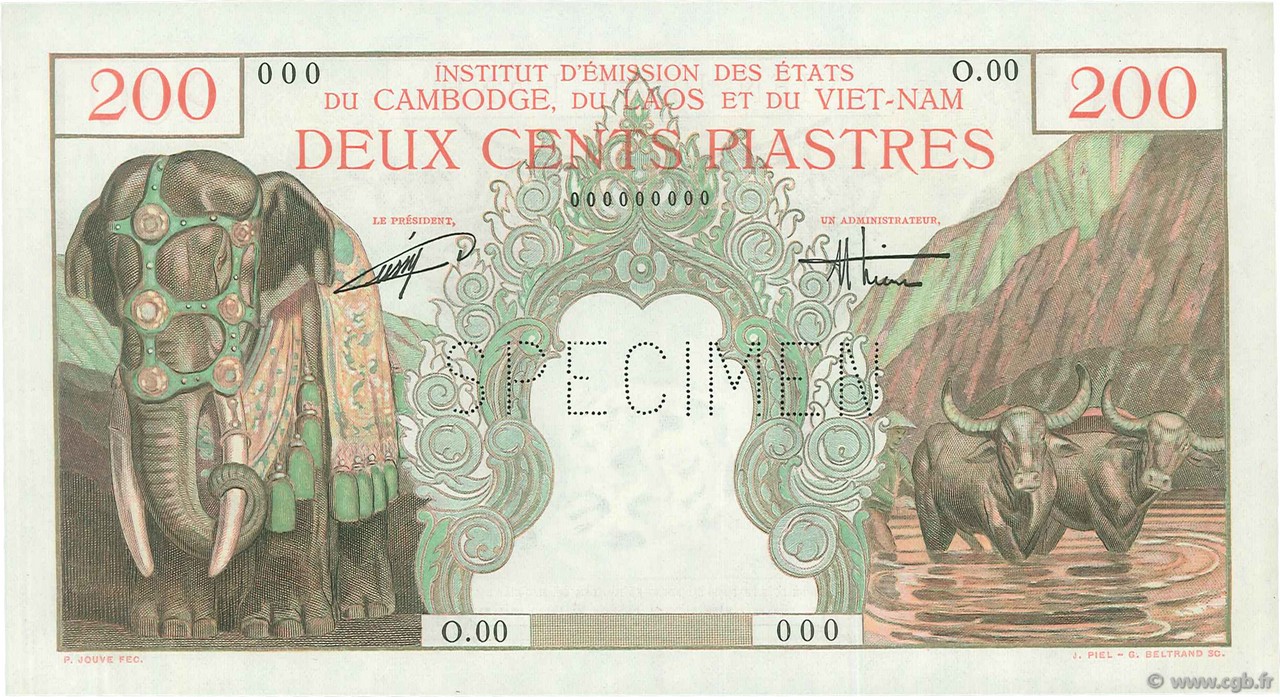 200 Piastres - 200 Dong Spécimen INDOCHINE FRANÇAISE 1953 P.109s NEUF
