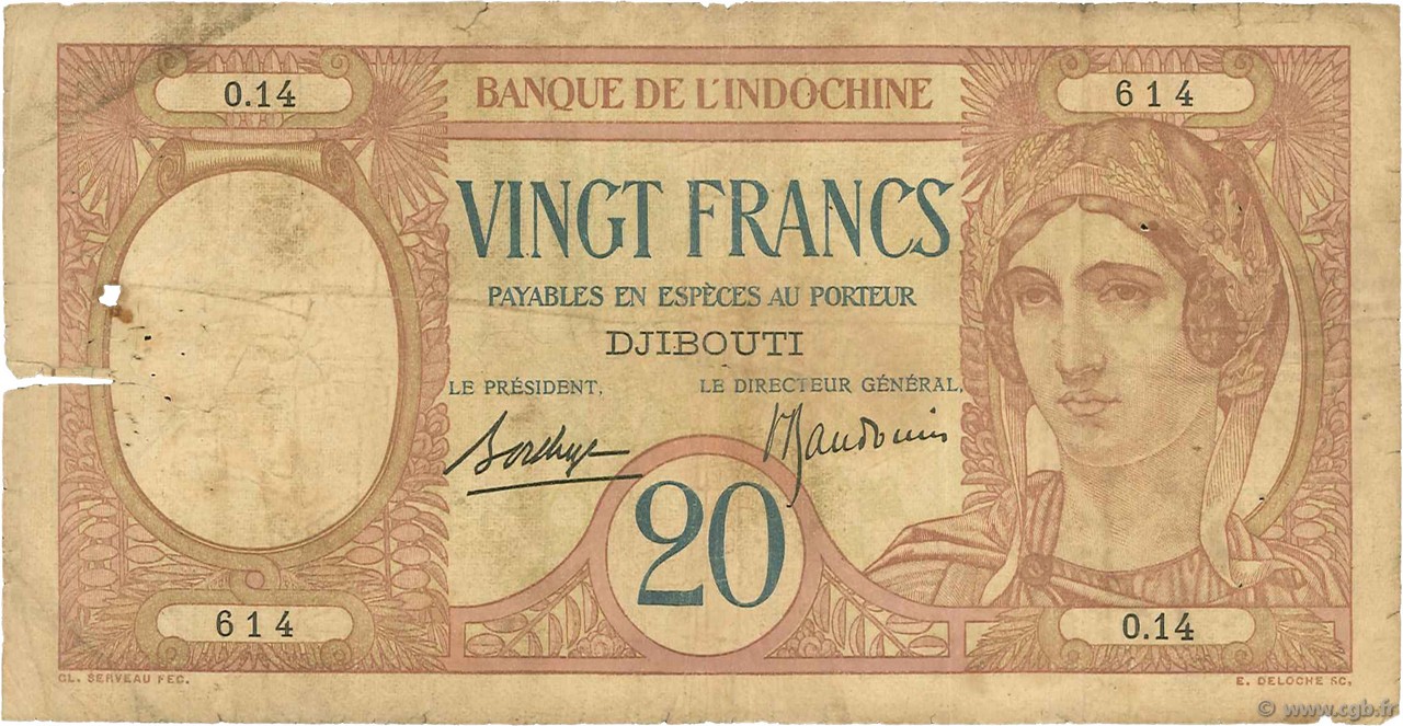 20 Francs DJIBOUTI  1936 P.07a AB