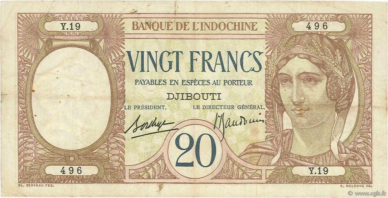 20 Francs DJIBOUTI  1936 P.07b TTB