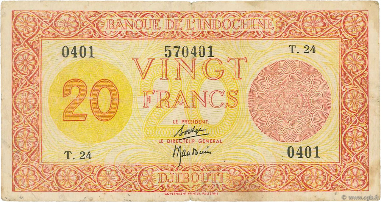 20 Francs Palestine DJIBOUTI  1945 P.15 TB