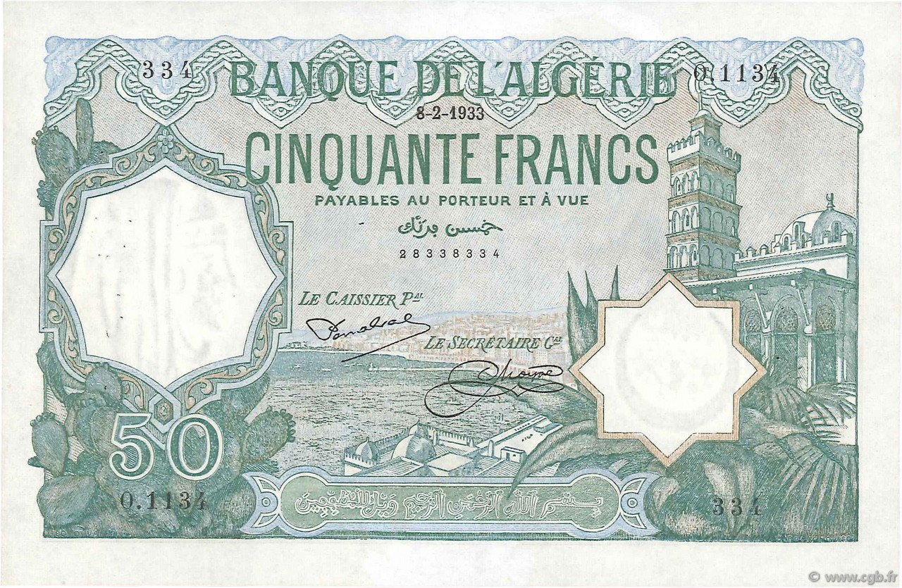 50 Francs ALGÉRIE  1933 P.080 TTB