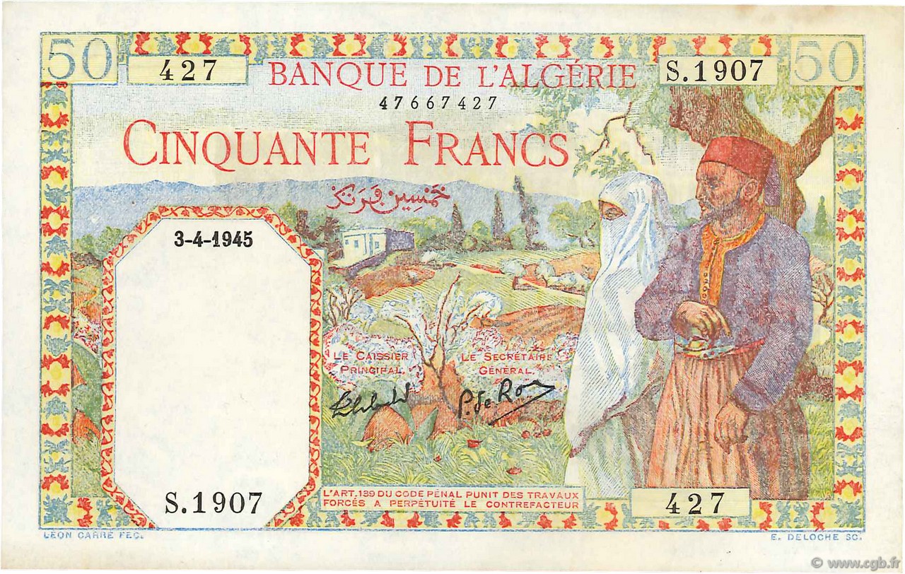 50 Francs ALGÉRIE  1945 P.087 SPL