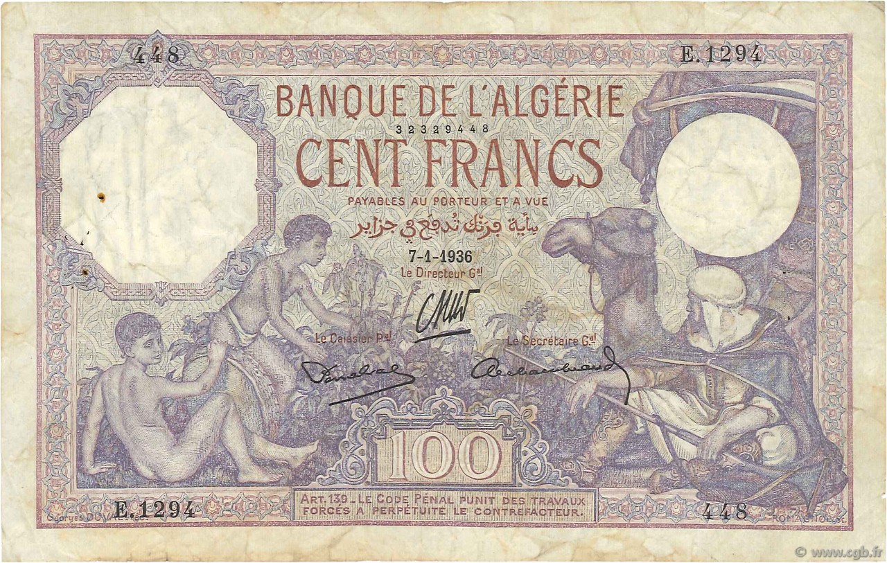 100 Francs ALGÉRIE  1936 P.081b TB+