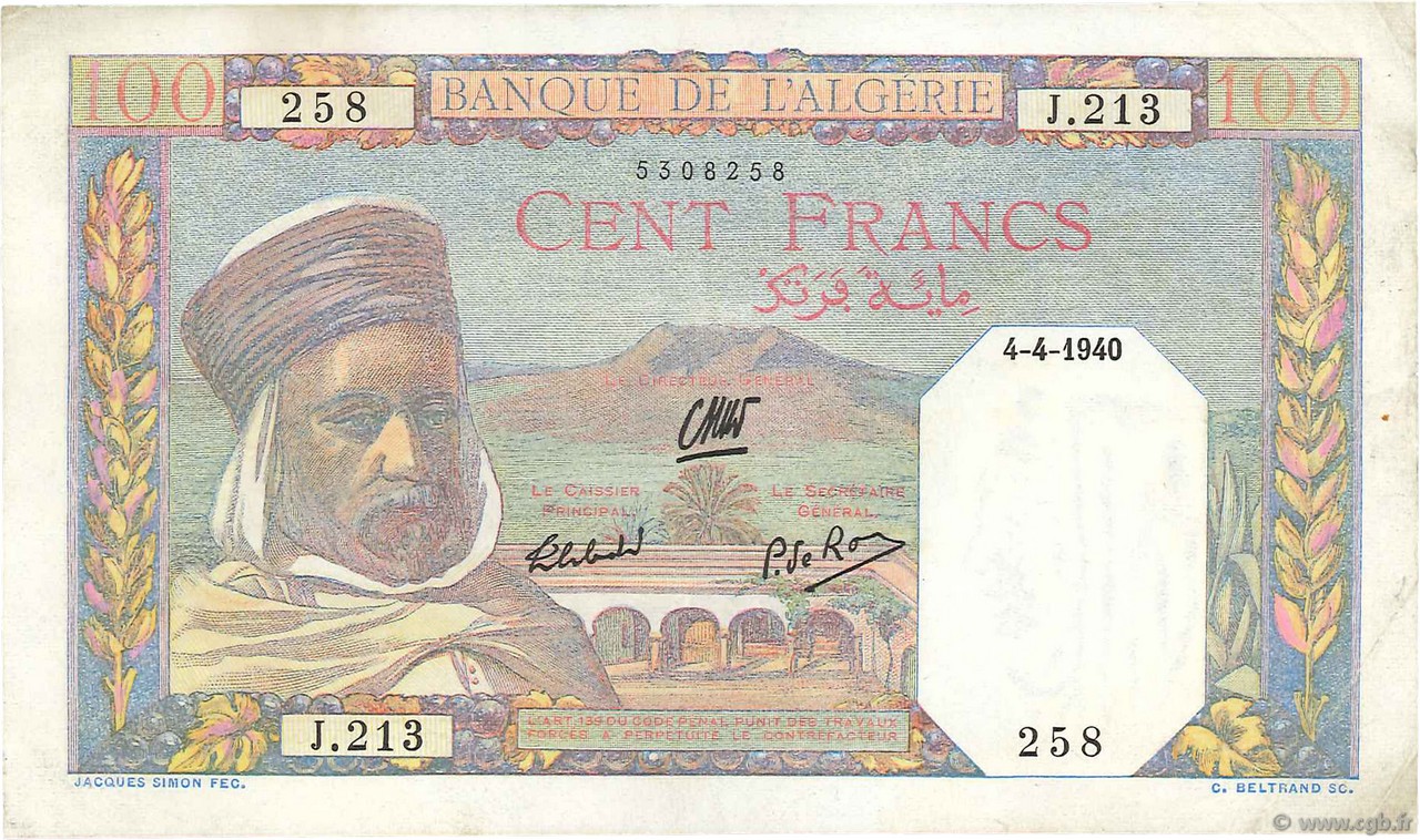 100 Francs ALGÉRIE  1940 P.085 SUP