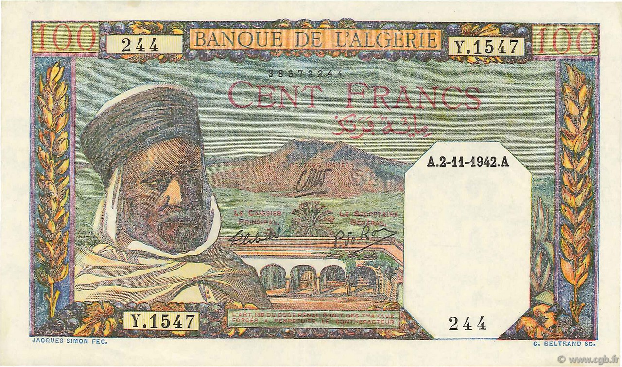100 Francs ALGÉRIE  1942 P.088 pr.SPL