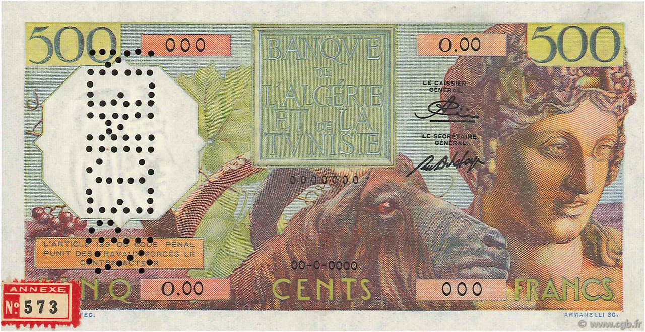 500 Francs Spécimen ALGÉRIE  1950 P.106s SPL
