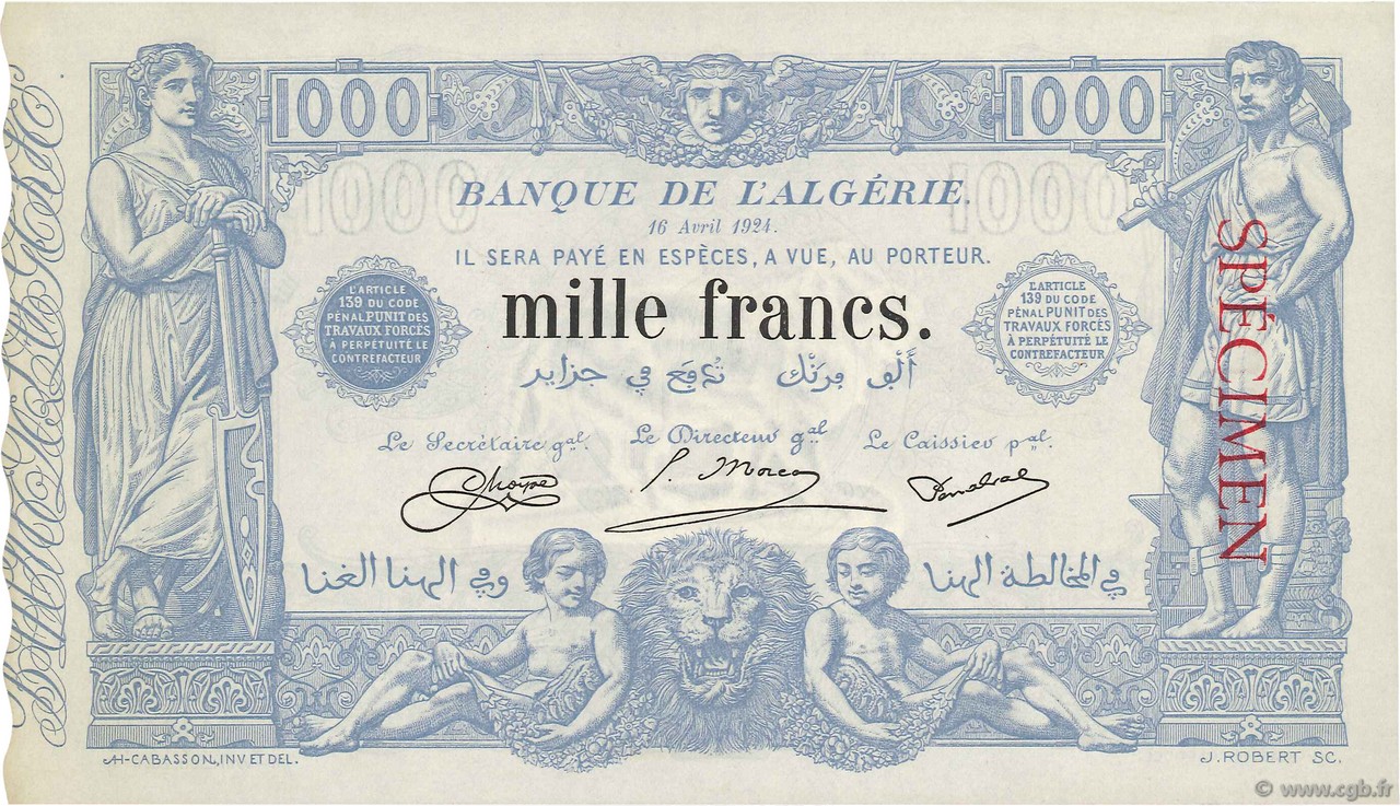1000 Francs Spécimen ALGÉRIE  1924 P.076s pr.NEUF