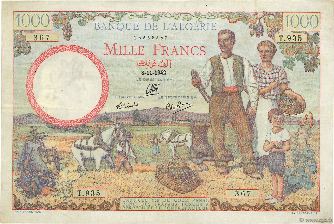 1000 Francs ALGÉRIE  1942 P.086 TTB