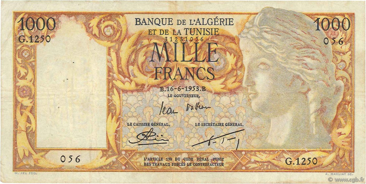1000 Francs ALGÉRIE  1953 P.107b pr.TTB