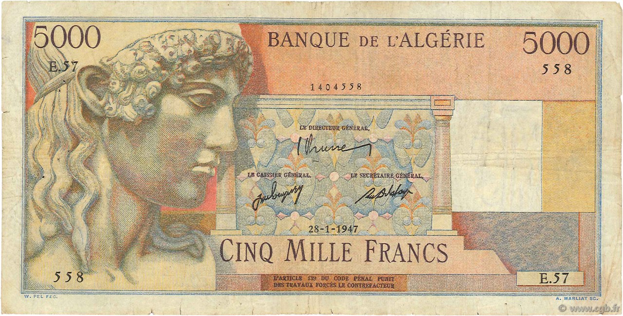 5000 Francs ALGÉRIE  1947 P.105 TB+