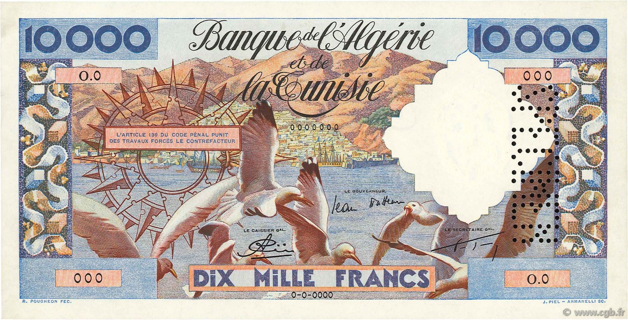 10000 Francs Spécimen ALGÉRIE  1955 P.110s SUP+