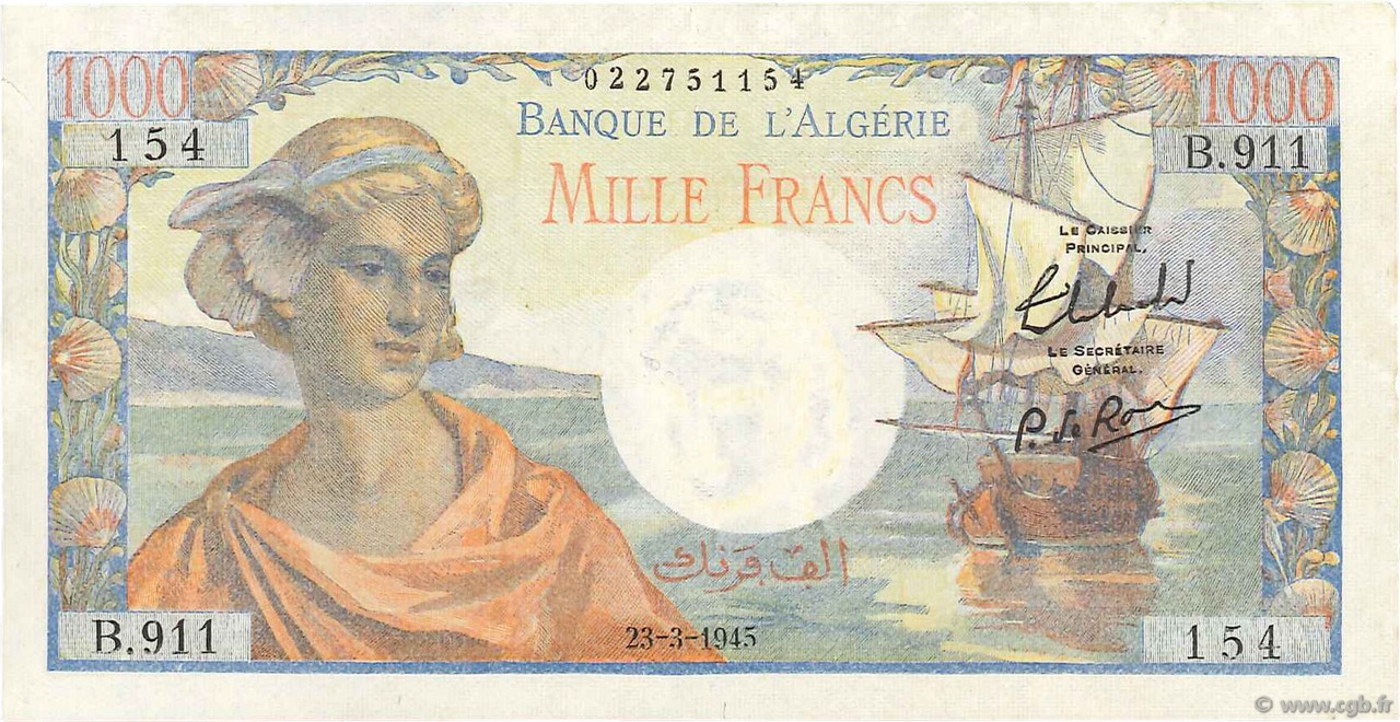 1000 Francs réserve ALGÉRIE  1945 P.096 SUP+