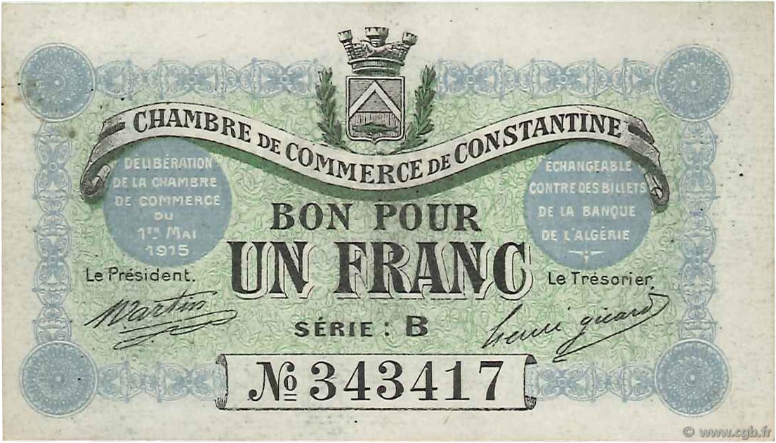 1 Franc ALGÉRIE Constantine 1915 JP.140.04 SPL
