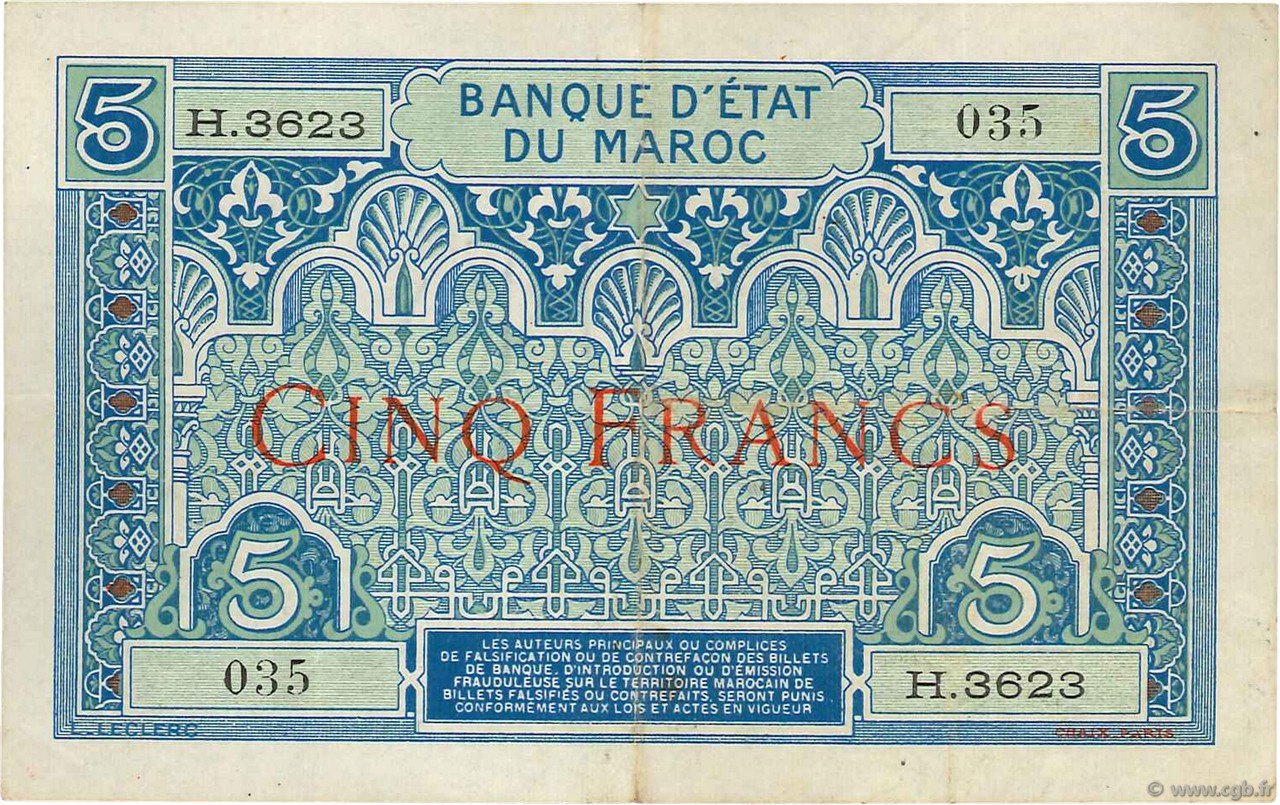 5 Francs MAROKKO  1924 P.09 fVZ