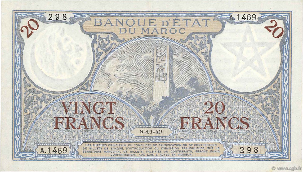 20 Francs MAROC  1942 P.18b SUP