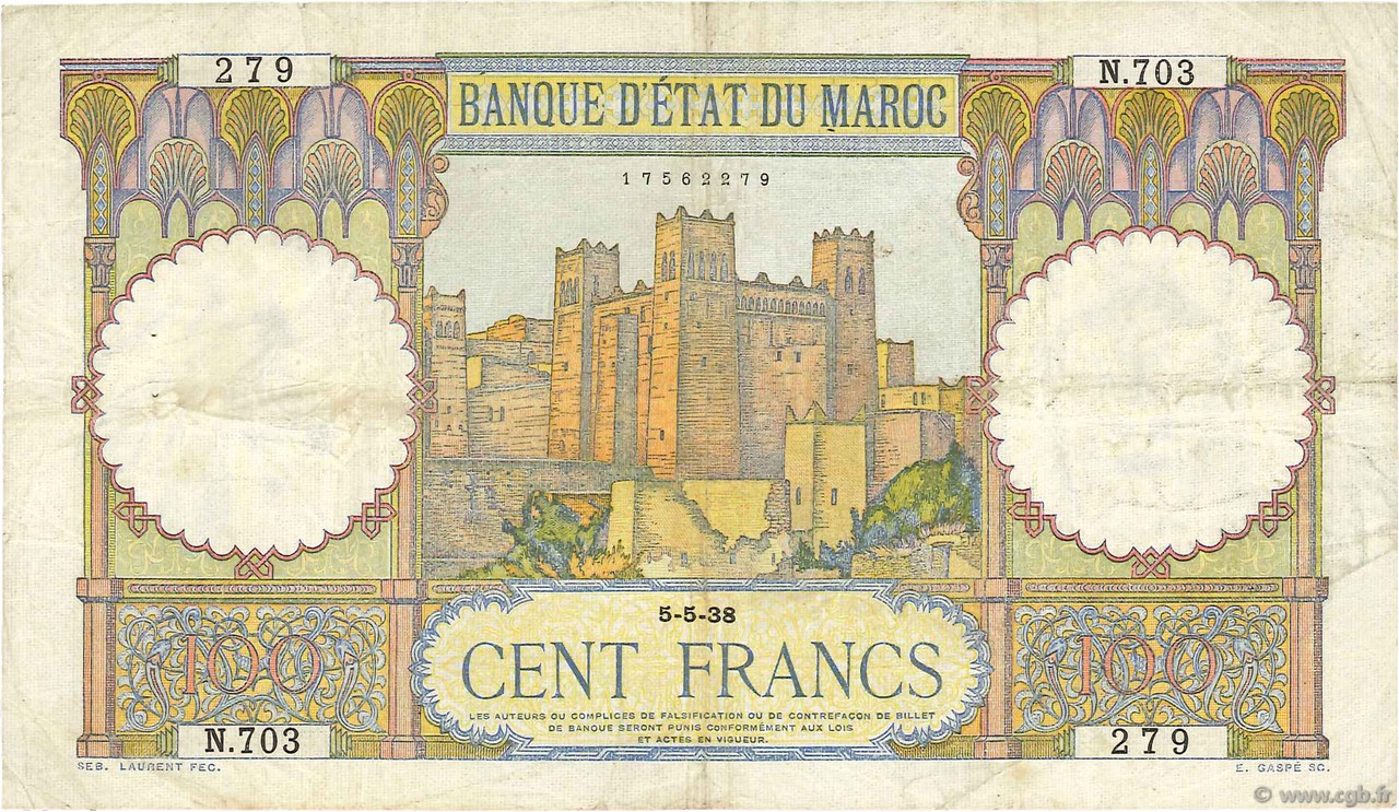 100 Francs MAROKKO  1938 P.20 SS