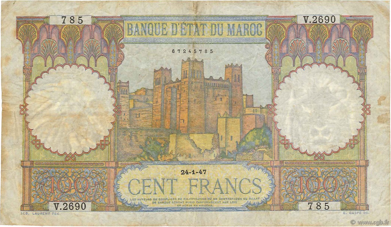 100 Francs MAROC  1917 P.20 TB