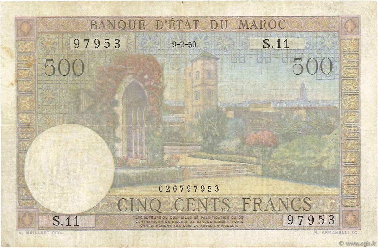 500 Francs MAROC  1950 P.46 TB+