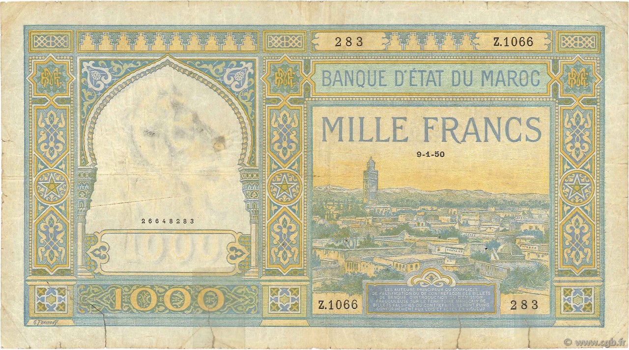 1000 Francs MAROC  1950 P.16c TB