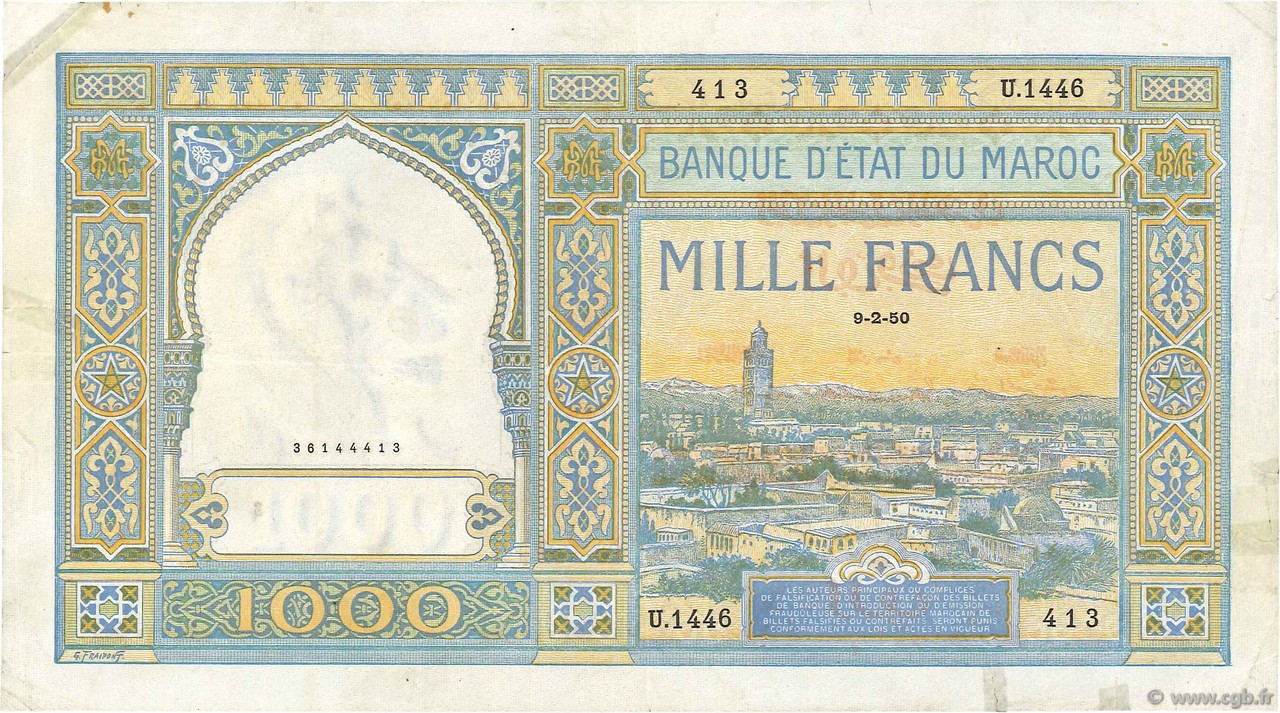 1000 Francs MAROC  1950 P.16c TTB
