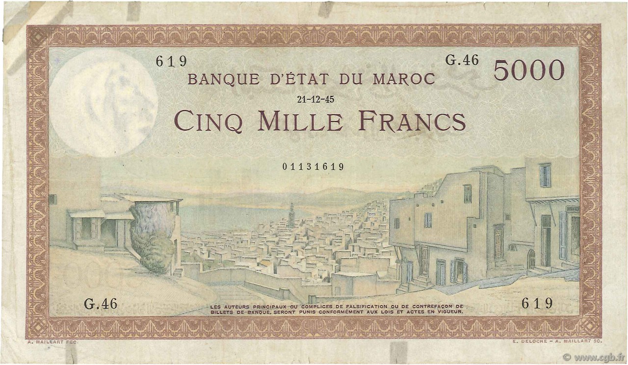 5000 Francs MAROC  1945 P.23c TB+