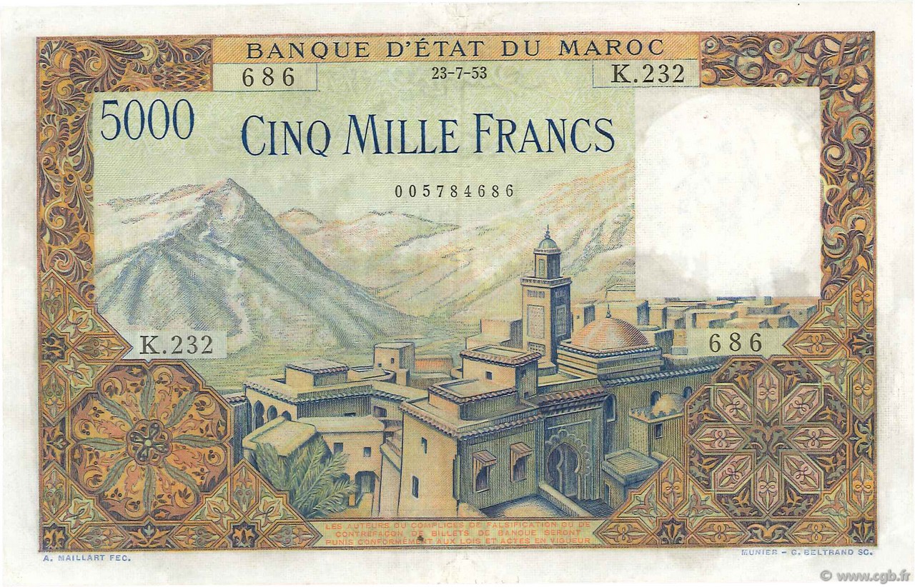 5000 Francs MAROC  1953 P.49 SUP+