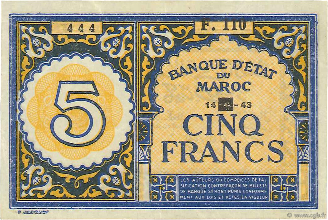 5 Francs MAROC  1943 P.33 SUP