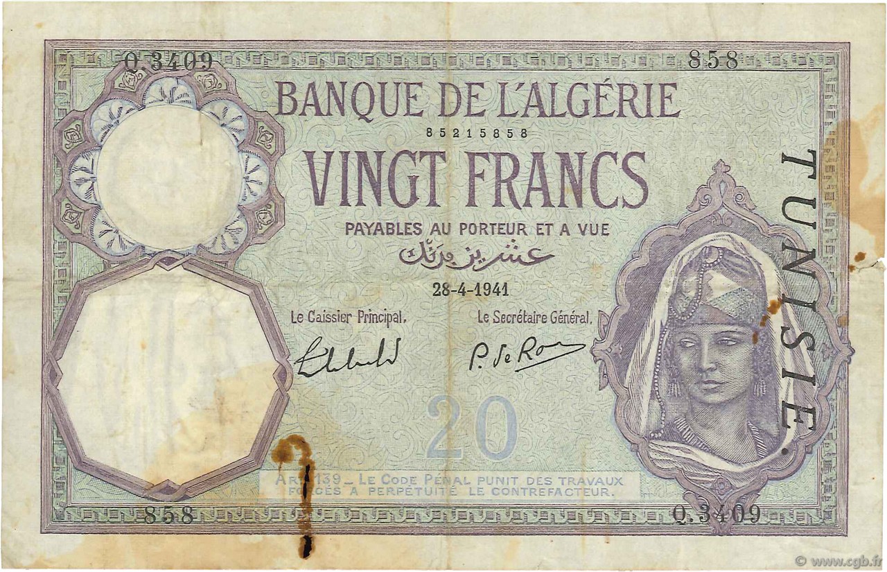 20 Francs TUNISIE  1941 P.06b TB+