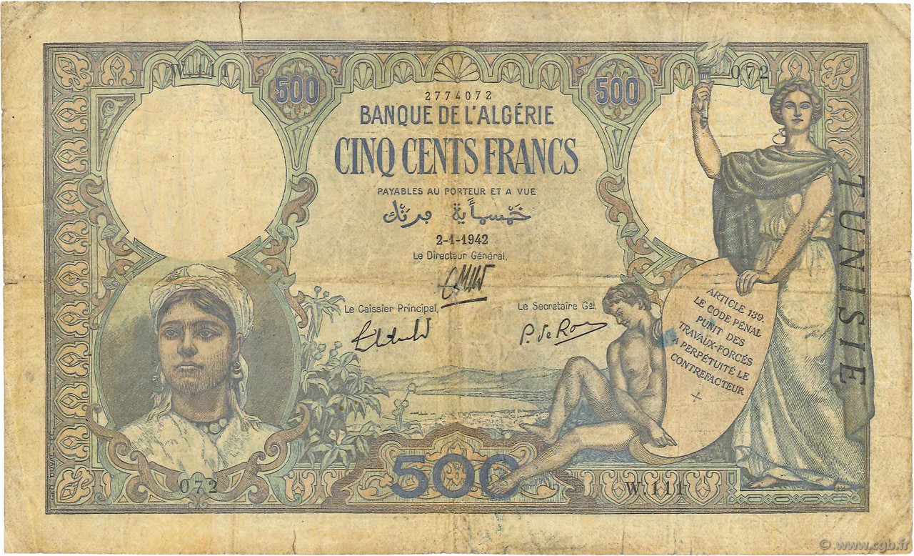 500 Francs TUNISIE  1942 P.14 pr.TB