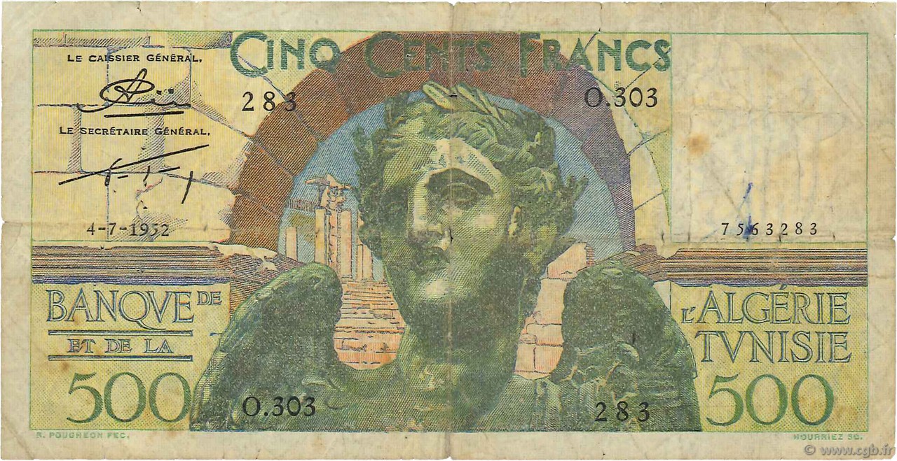 500 Francs TUNISIE  1952 P.28 TB