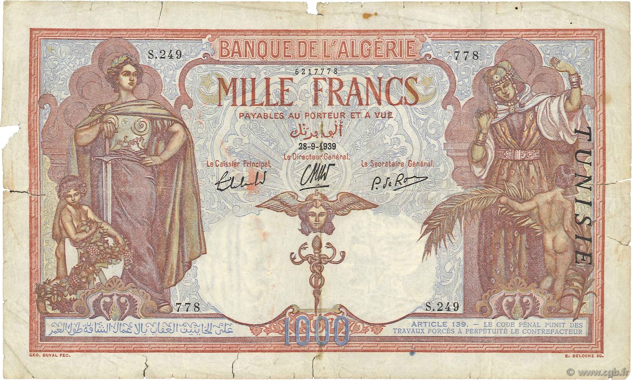 1000 Francs TUNISIE  1939 P.11b B+