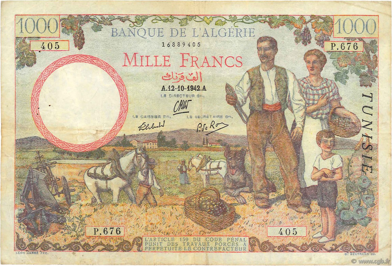 1000 Francs TUNISIE  1942 P.20b TTB