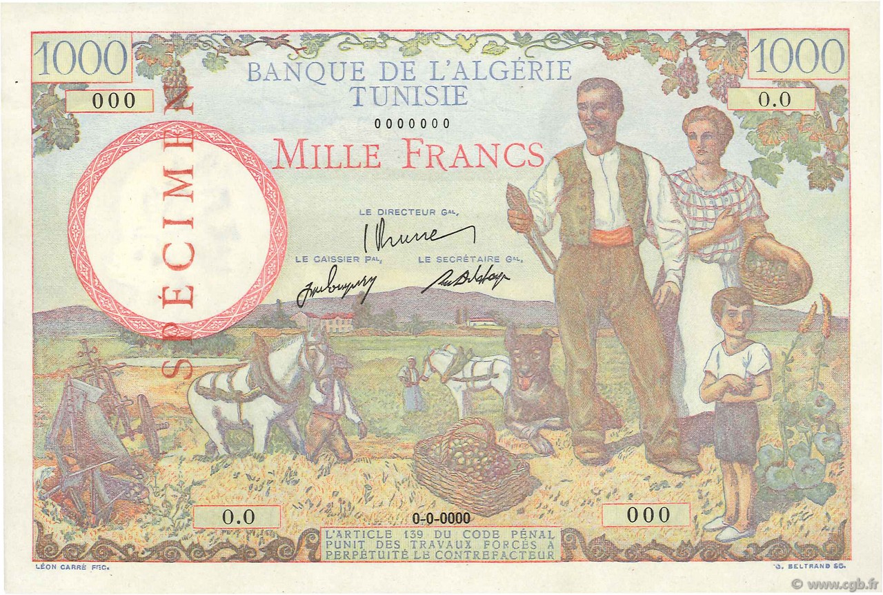1000 Francs Spécimen TUNISIE  1946 P.26s SPL+