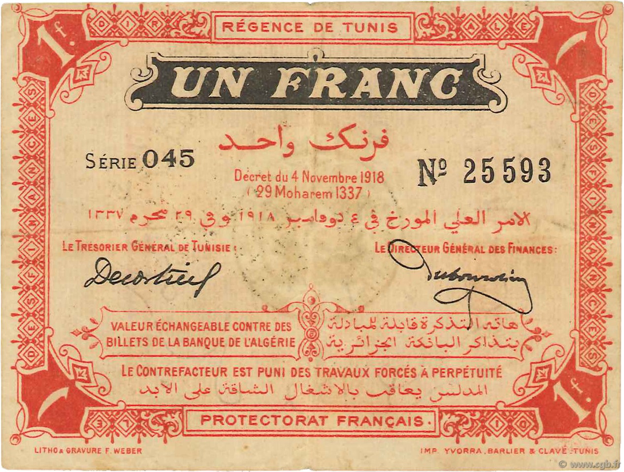 1 Franc TUNISIE  1918 P.43 TTB+