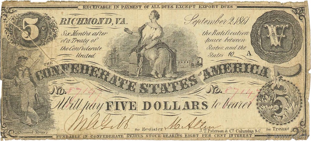 5 Dollars ÉTATS CONFÉDÉRÉS D AMÉRIQUE  1861 P.19c B+