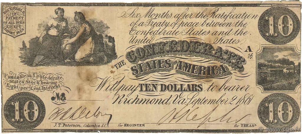 10 Dollars ÉTATS CONFÉDÉRÉS D AMÉRIQUE  1861 P.27b pr.TTB
